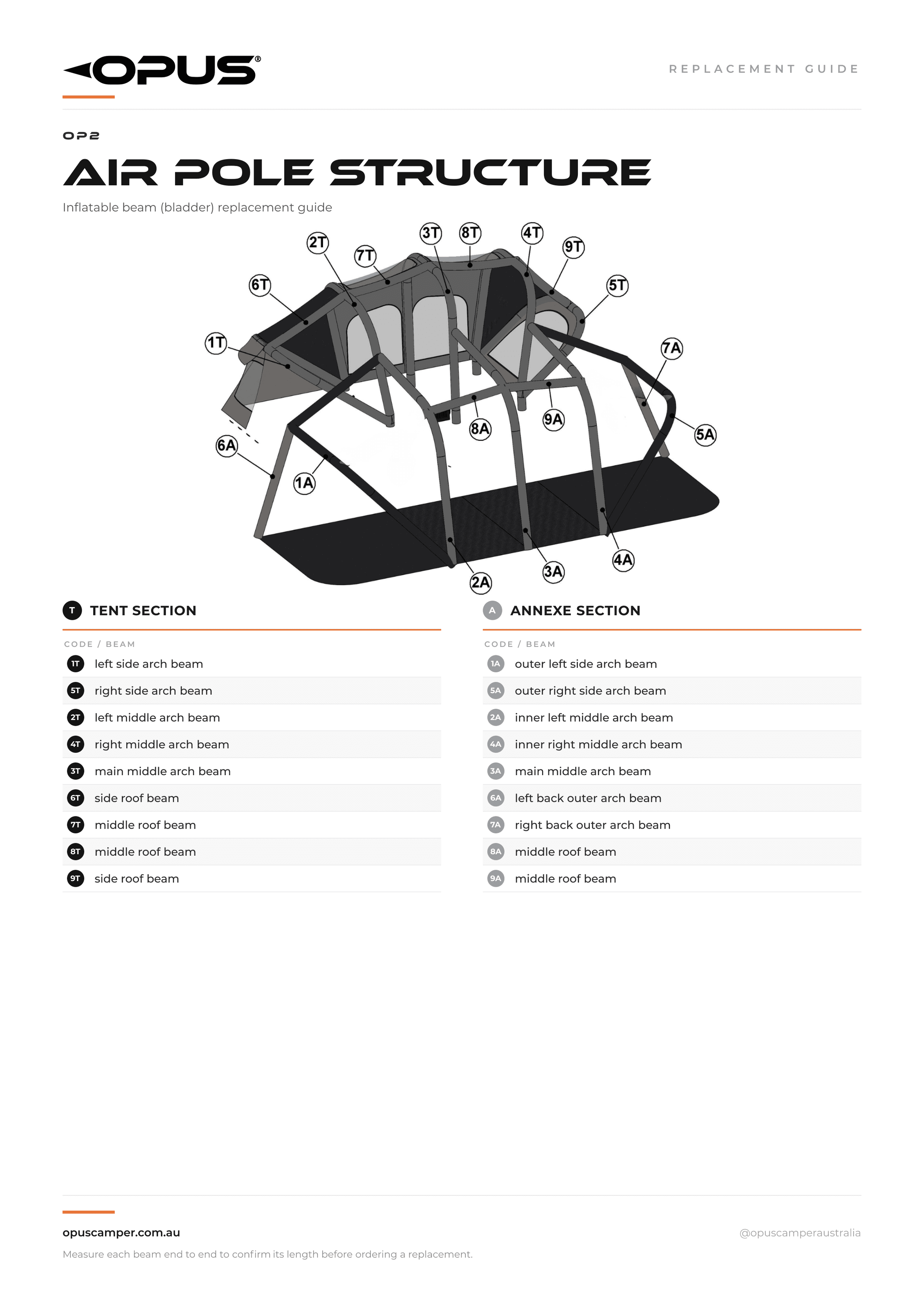 OP2 Air Pole Structure diagram numbering every inflatable tent and annexe beam for replacement