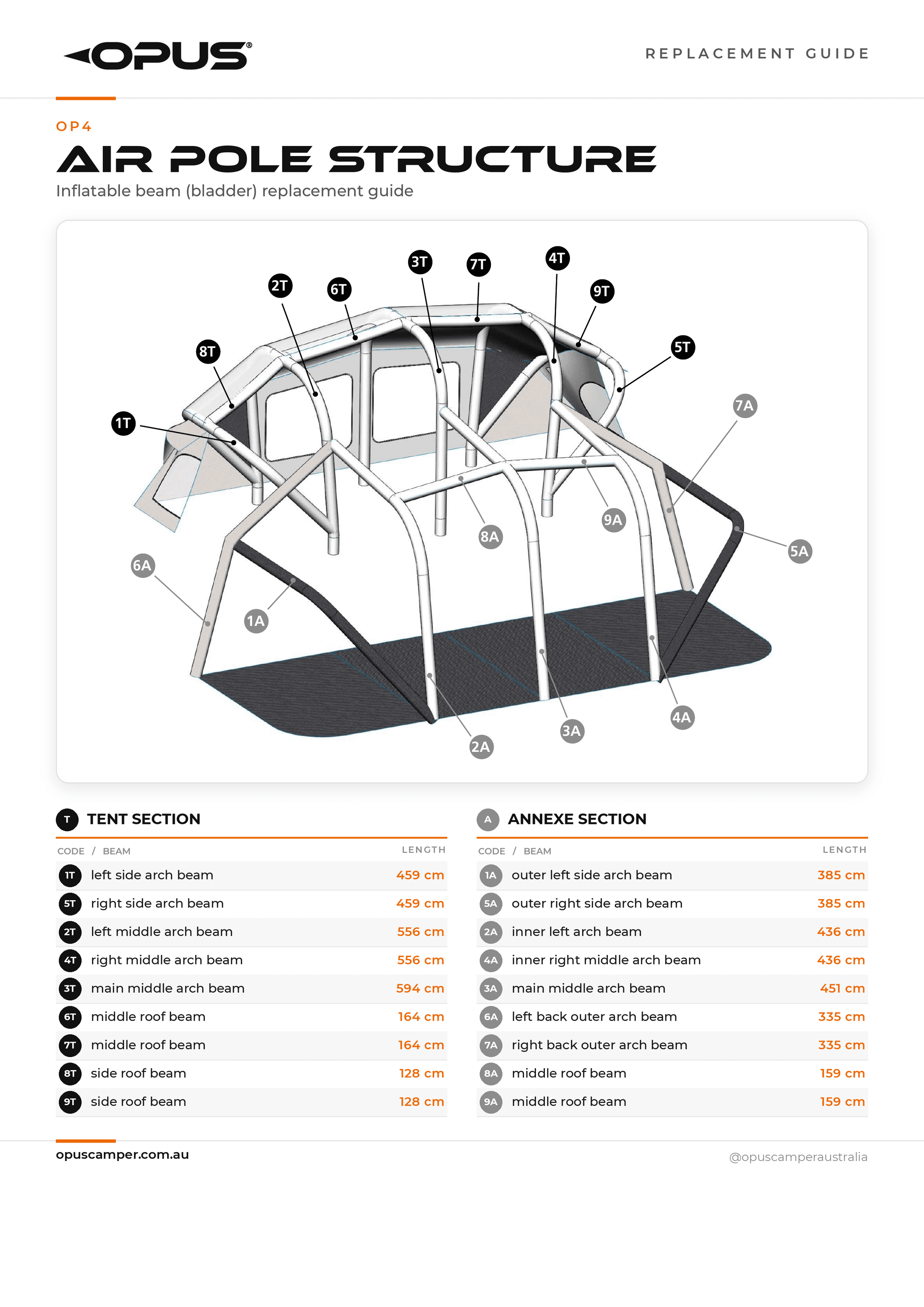 OP4 Air Pole Structure diagram numbering every inflatable tent and annexe beam with lengths for replacement